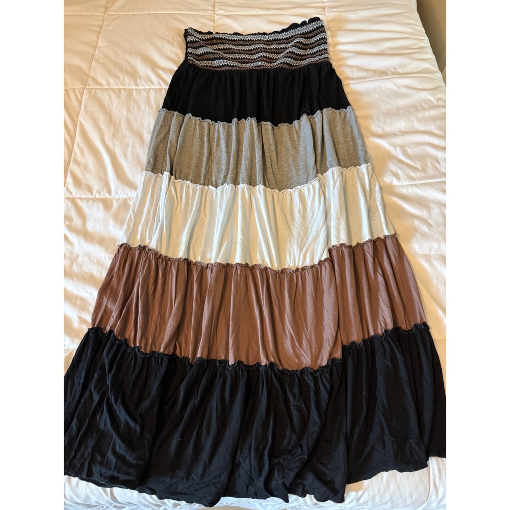 Spense Tiered Maxi Skirt Large Smocked Waist Boho Colorblock Jersey Knit